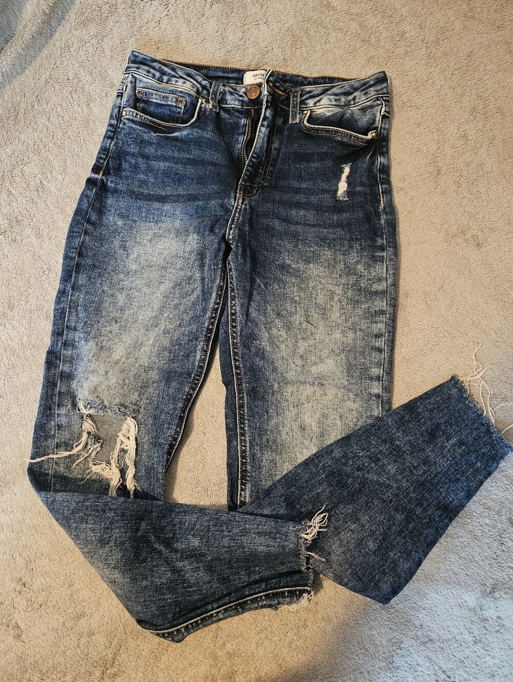 Distressed Dark Blue Wash Raw Cut Skinny Jeans